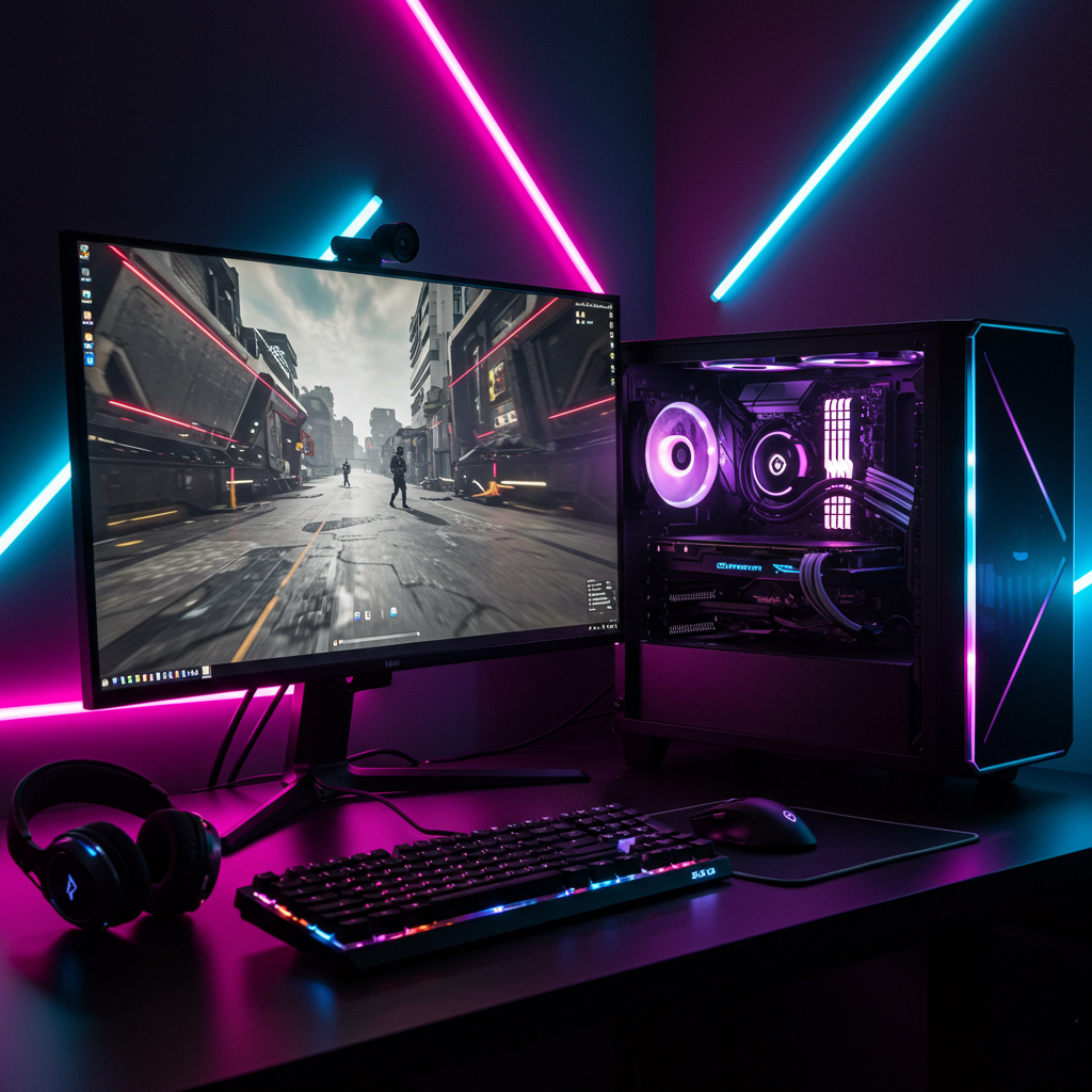 photorealistic image of a high-end gaming PC set-up with RGB neon lights.
